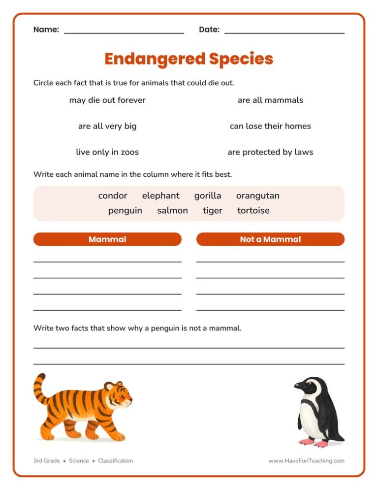 Endangered Species Examples Worksheet