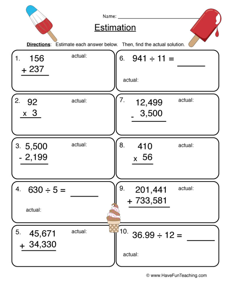 Mixed Operations Estimation Worksheet