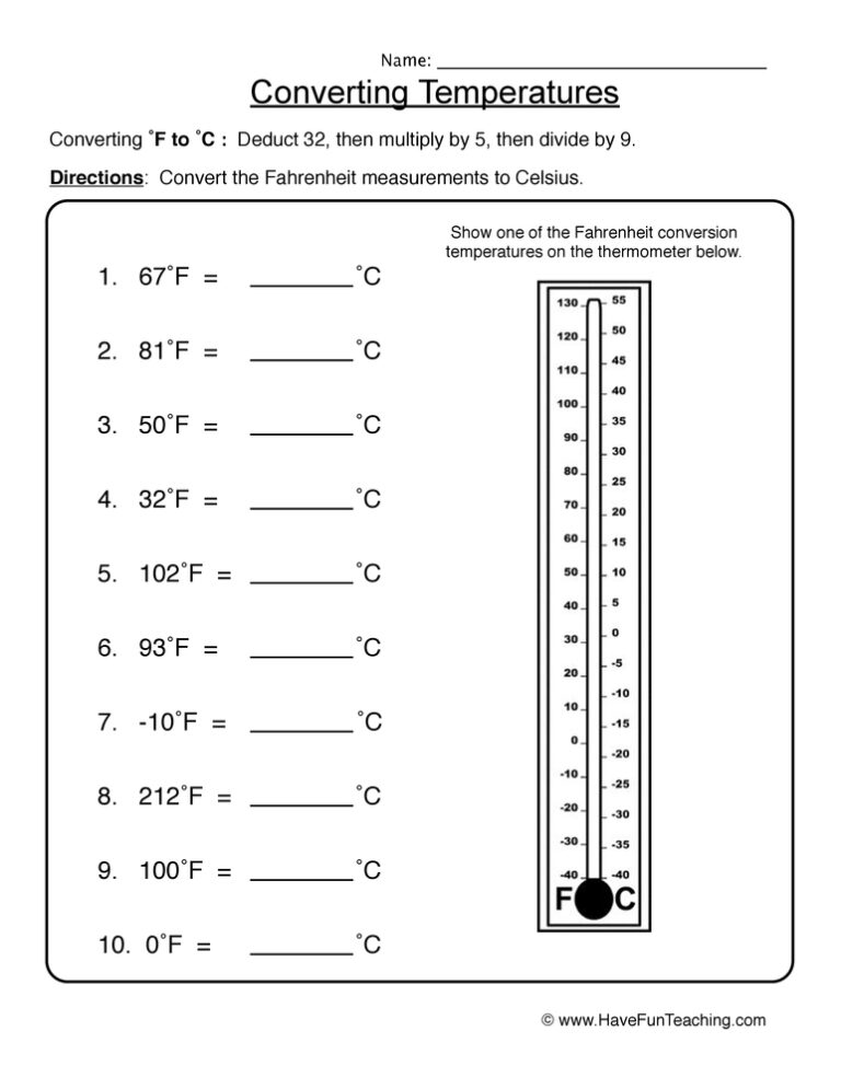 Fahrenheit to Celsius Worksheet