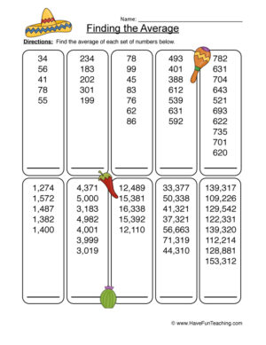 Finding Averages Number Set Worksheet