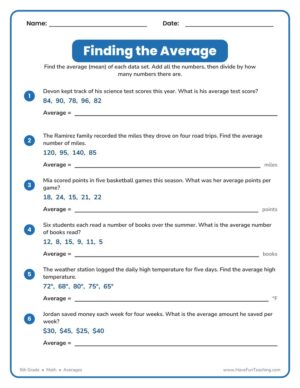 Finding the Average Word Problems Worksheet for 5th Grade Math
