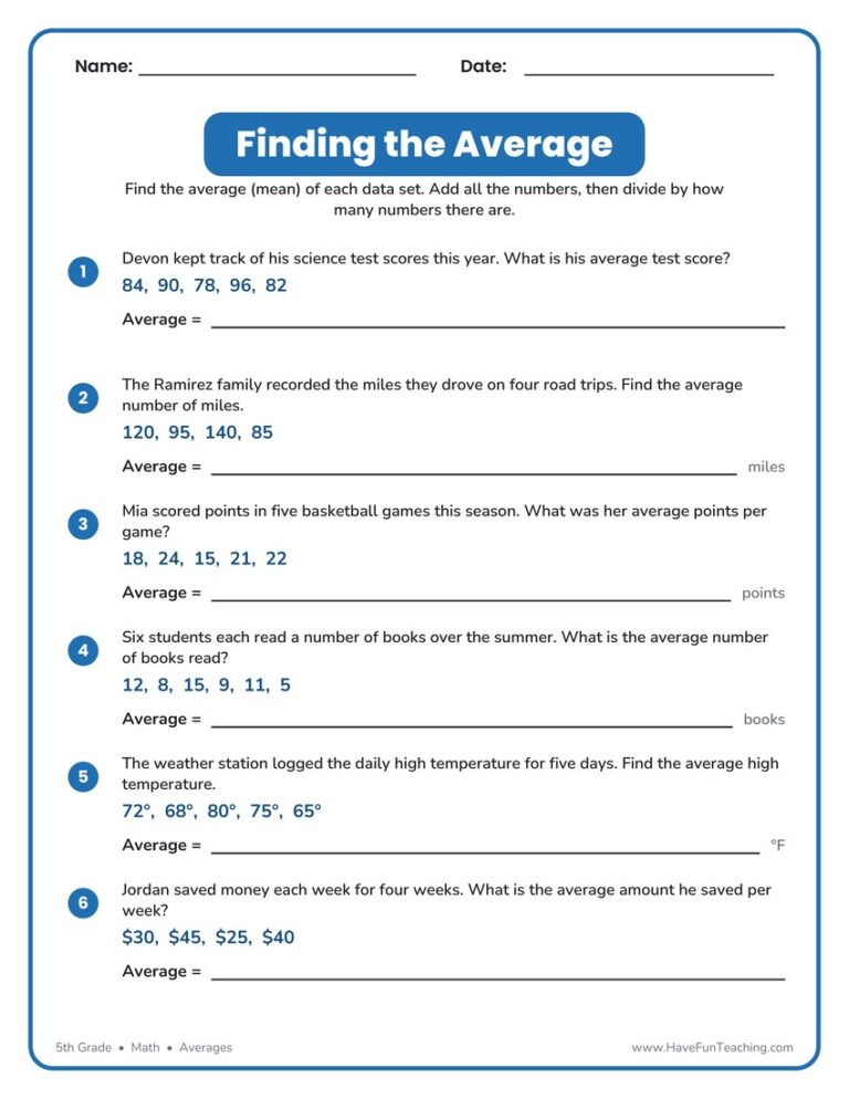 Finding the Average Word Problems Worksheet