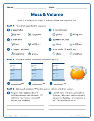 3rd Grade mass and volume measurement worksheet