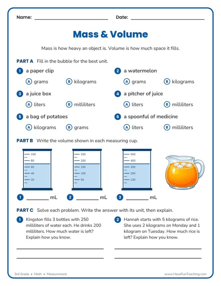 Mass Volume Worksheet