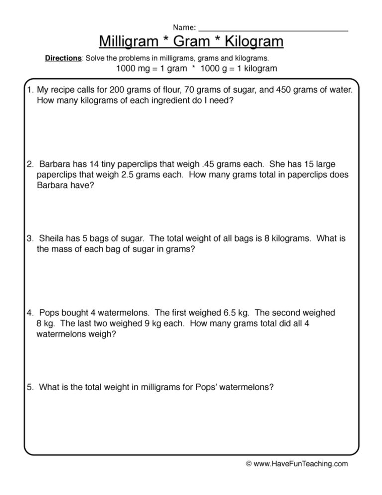 Metric Measurement Scenarios Worksheet