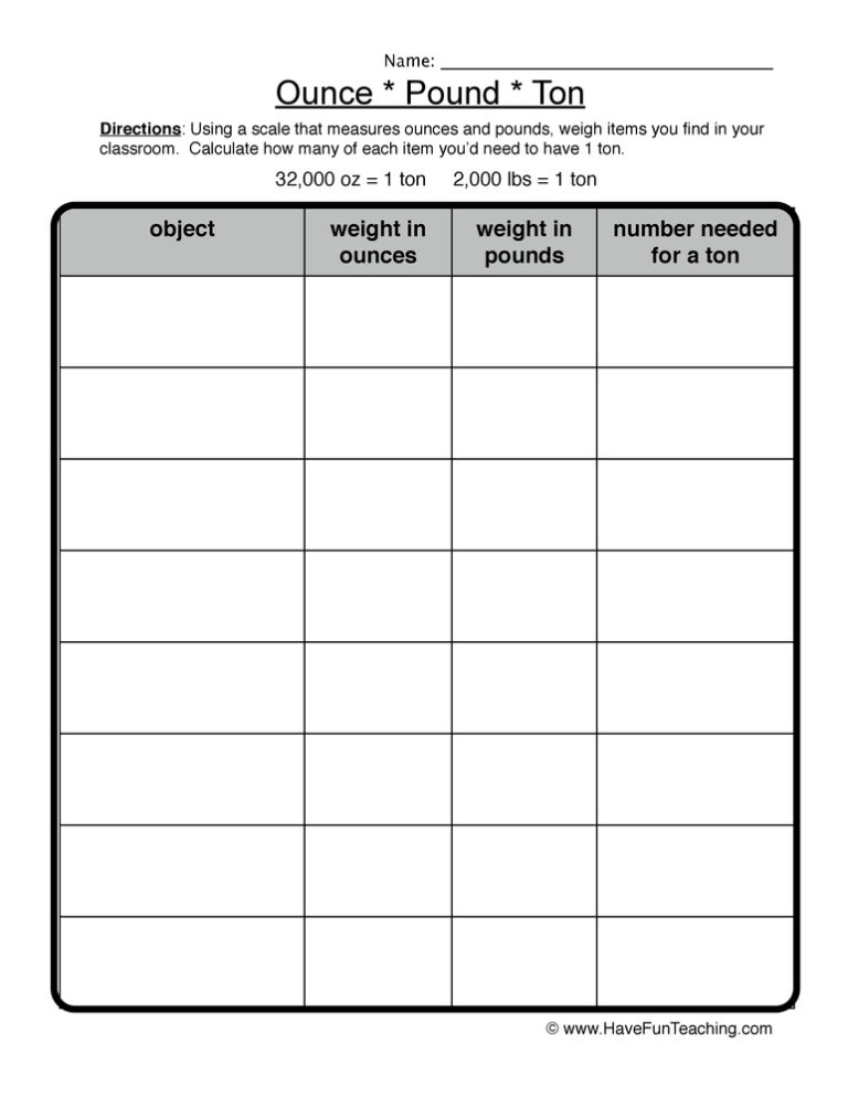 Measurement Weight Conversions Worksheet
