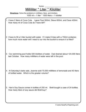 Choosing Milliliter or Liter Worksheet