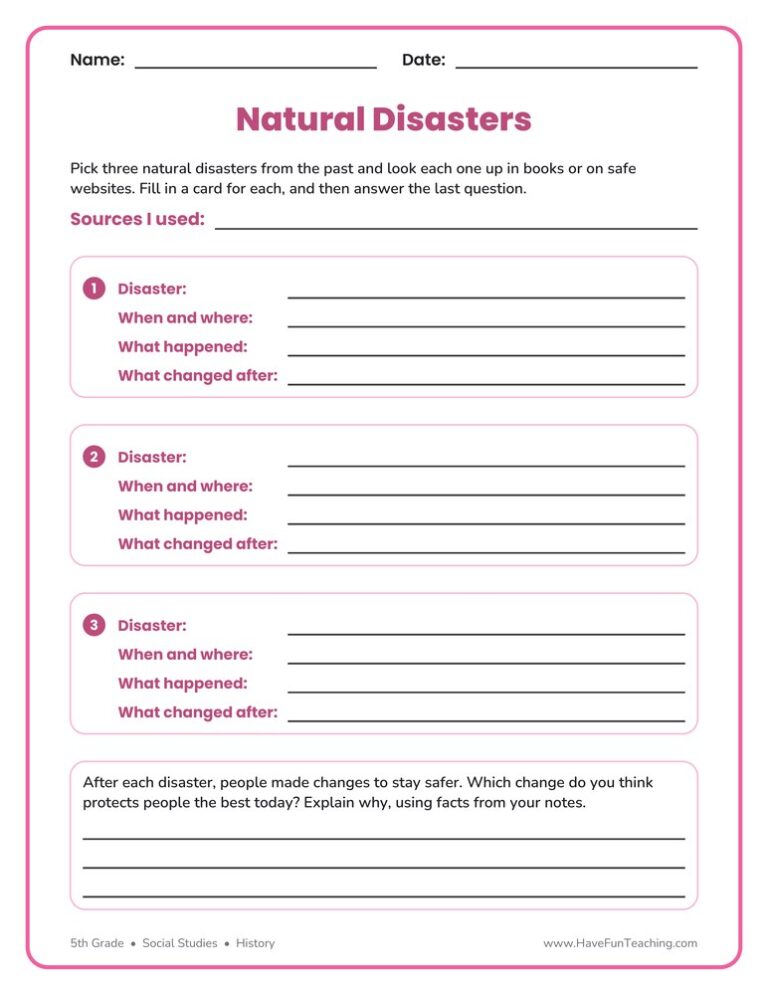 Natural Disasters History Research Worksheet
