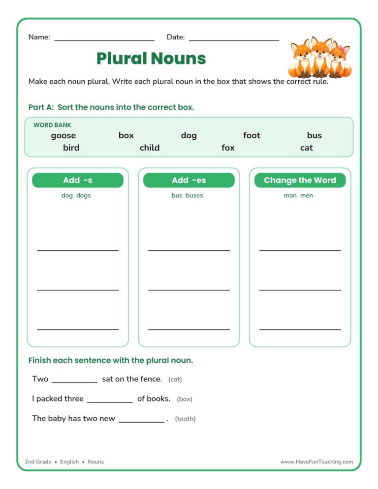 Plural Nouns Sort Worksheet