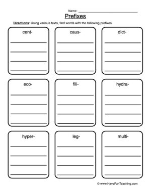 Prefixes List Worksheet
