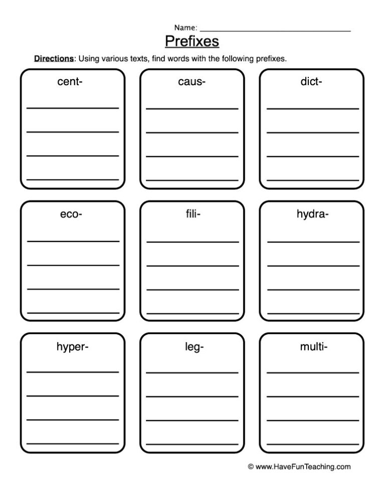 Prefixes List Worksheet