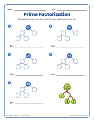 Prime Factorization Worksheet with five factor trees for 5th grade math
