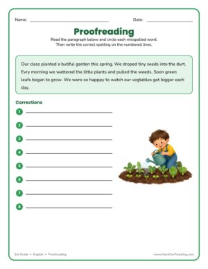 Proofreading worksheet for 3rd grade students to find and correct misspelled words in a paragraph