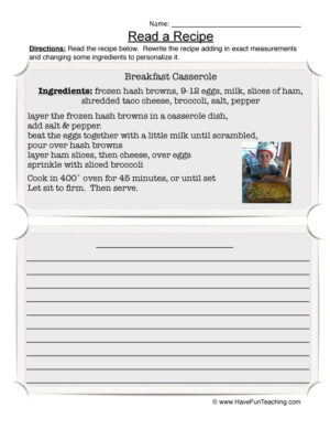 Read a Recipe Worksheet