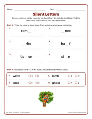 Silent Letters worksheet for 3rd grade phonics with silent letter words and answer key