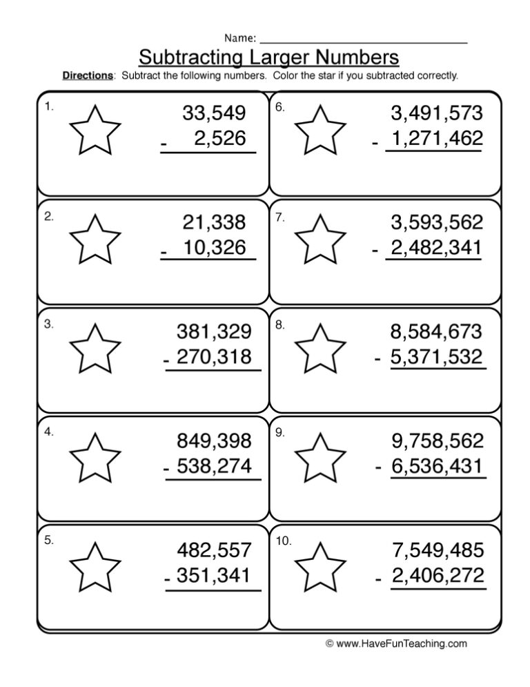 Subtracting Multi-Digit No Regrouping Worksheet