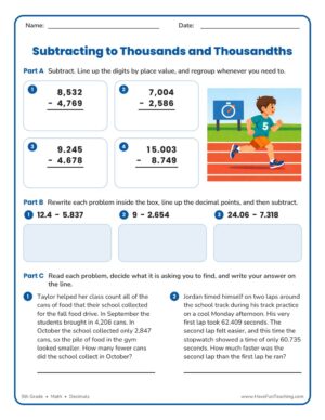 5th grade subtracting to thousands and thousandths worksheet with column subtraction, decimal alignment, and word problems