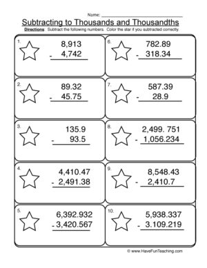 Subtracting to Thousands and Thousandths Worksheet