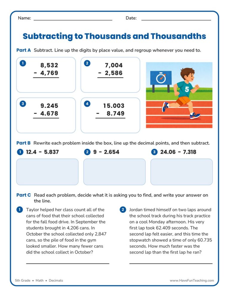 Subtracting to Thousands and Thousandths Worksheet