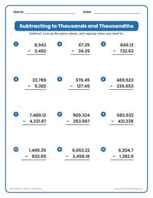 Subtracting thousands and thousandths worksheet for 5th grade decimal subtraction practice