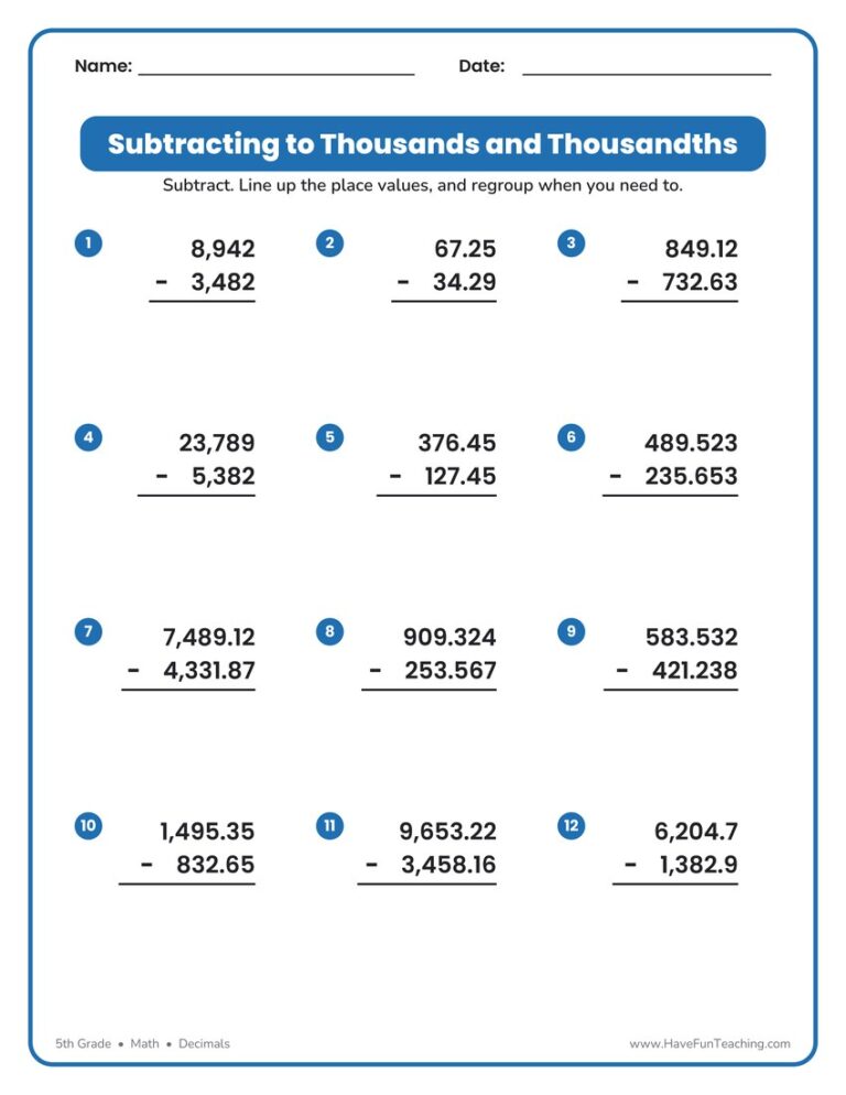 Subtracting Thousands Thousandths Worksheet