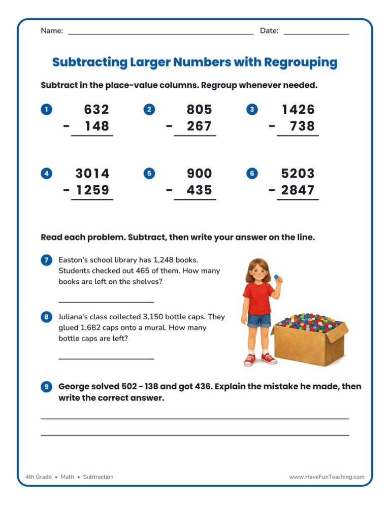 Subtraction Multi-Digit Regrouping Worksheet