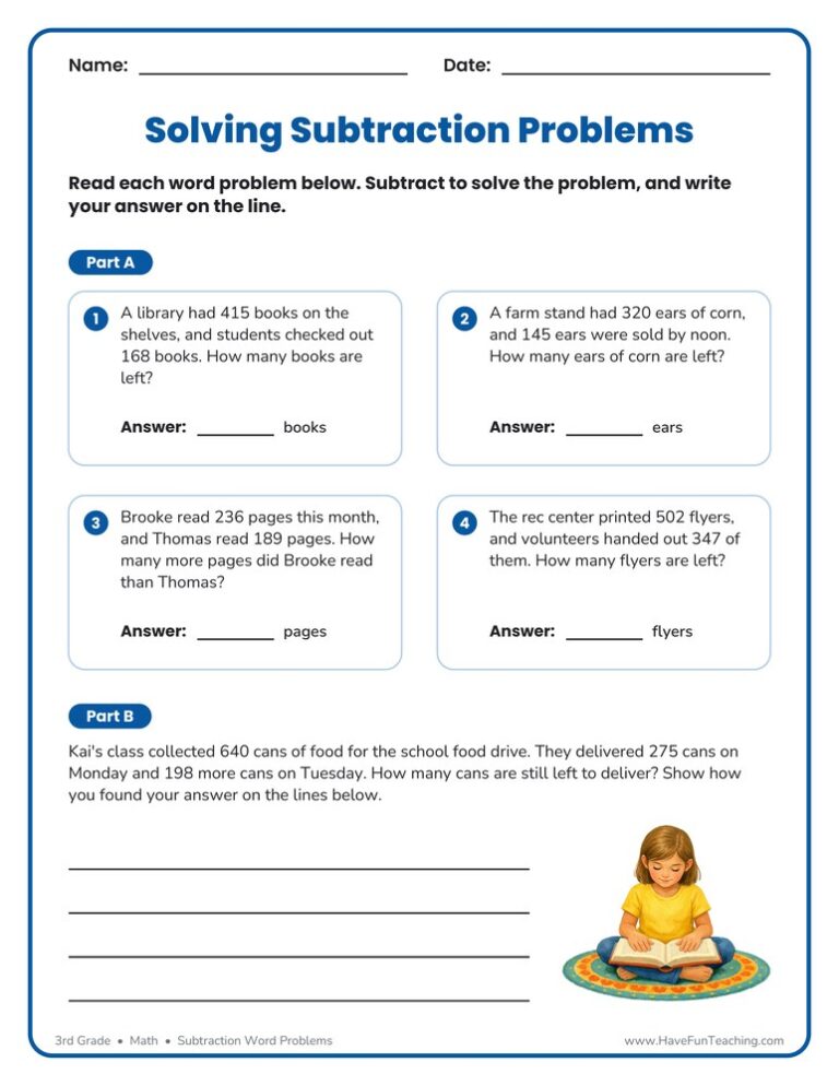 Subtraction Word Problems Worksheet