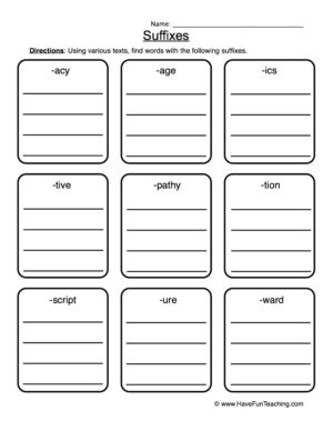 Suffixes Word List Worksheet