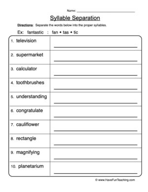 Syllables Separation Worksheet
