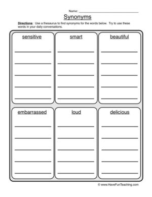 Synonyms List Worksheet