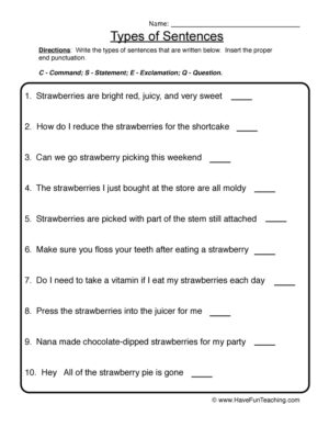 Identifying Types of Sentences Worksheet