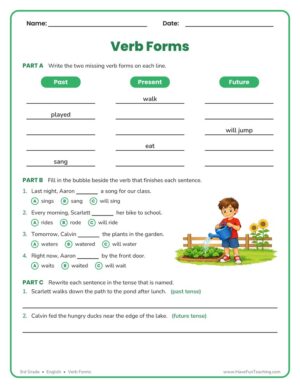 3rd Grade verb forms worksheet with past, present, and future verb tenses