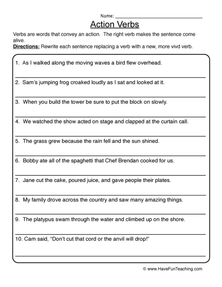 Action Verbs Worksheet