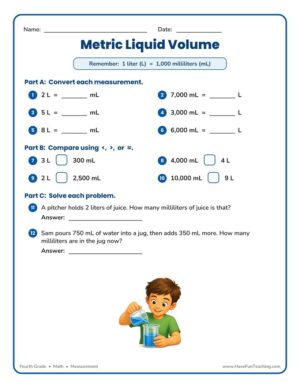 Fourth grade metric liquid volume measurement worksheet