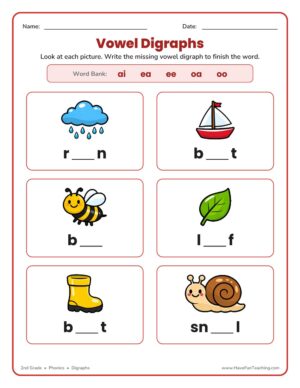 2nd grade vowel digraphs worksheet with picture clues for ai, ea, ee, oa, and oo