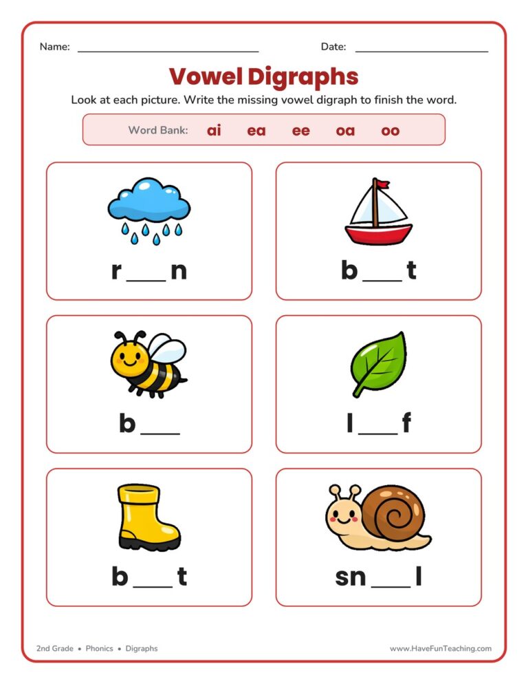 Vowel Digraphs Worksheet