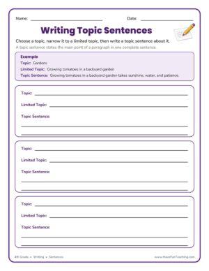 4th grade writing topic sentences worksheet with a worked example and practice frames