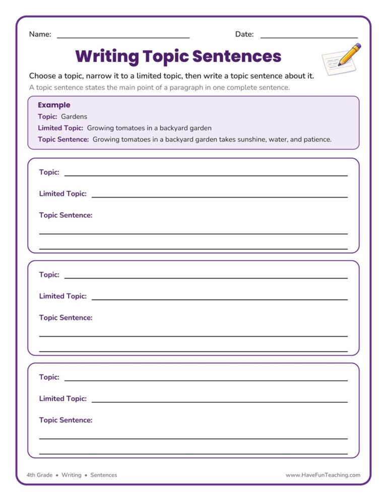 Writing Topic Sentences Worksheet