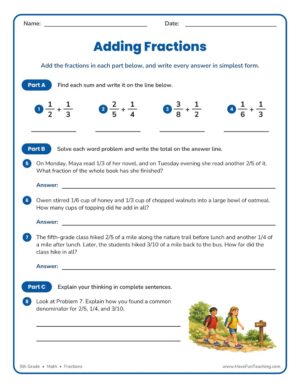 5th Grade adding fractions word problems worksheet with unlike denominators
