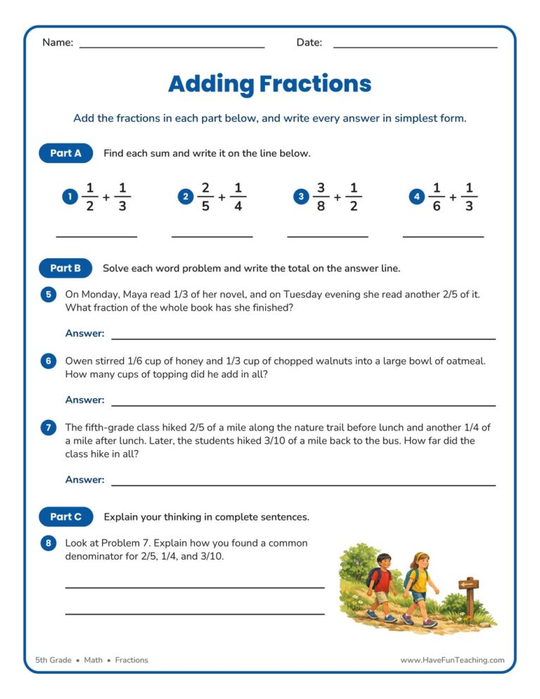 Adding Fractions Word Problems Worksheet