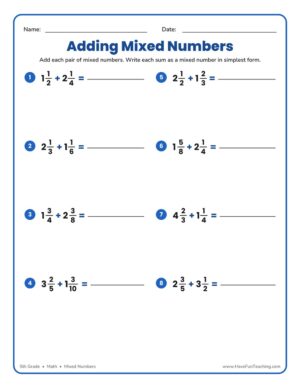 Add Mixed Numbers Worksheet with eight problems adding mixed numbers with unlike denominators