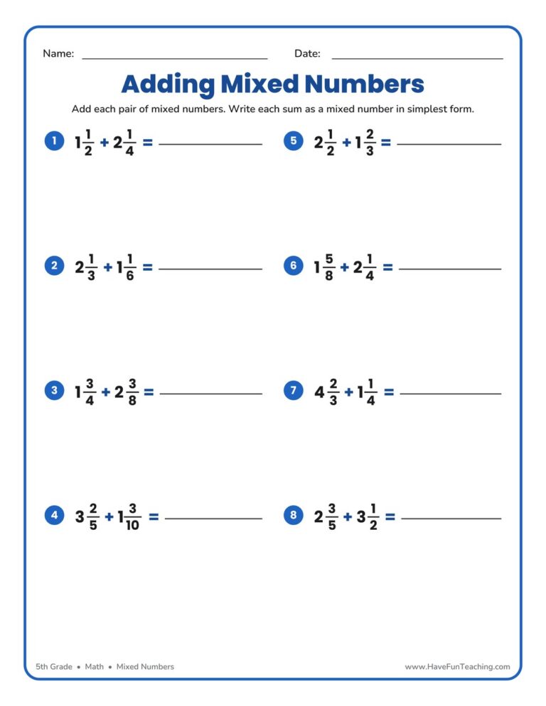 Add Mixed Numbers Worksheet