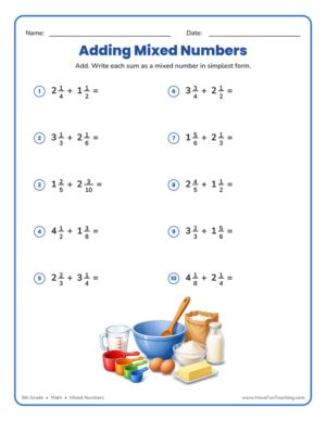 Adding Mixed Numbers worksheet for 5th grade students adding two mixed numbers with unlike denominators