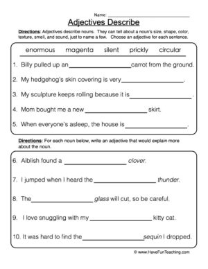 Adjectives Describe Fill in the Blank Worksheet