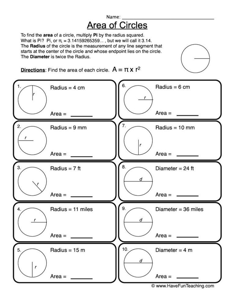 Area Circles Worksheet