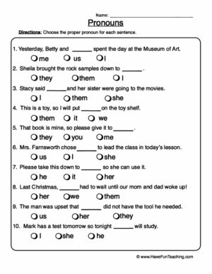 Choosing Pronouns Worksheet