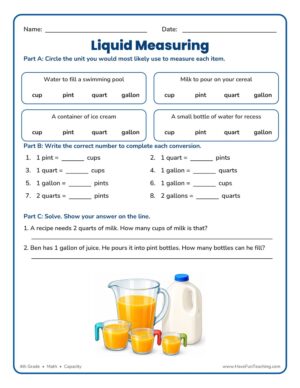 4th grade cup pint quart gallon capacity worksheet