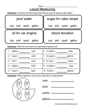Cup Pint Quart Gallon Worksheet