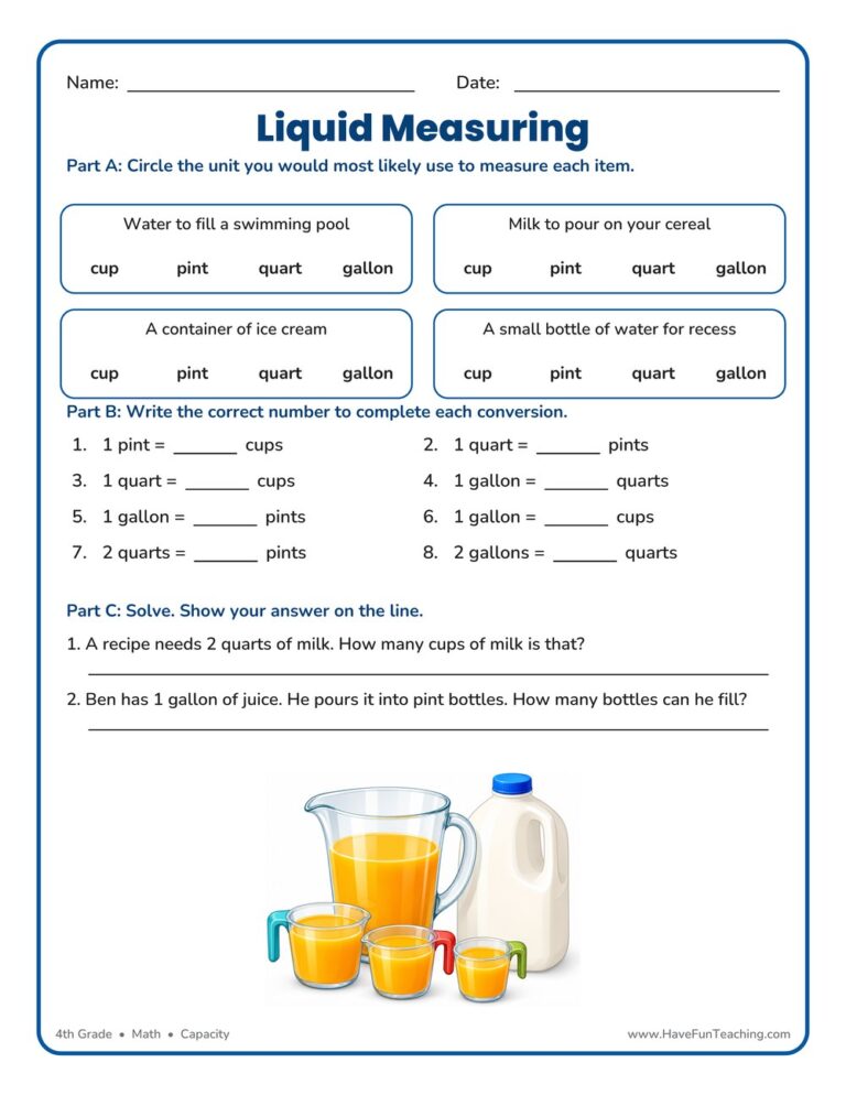 Cup Pint Quart Gallon Worksheet
