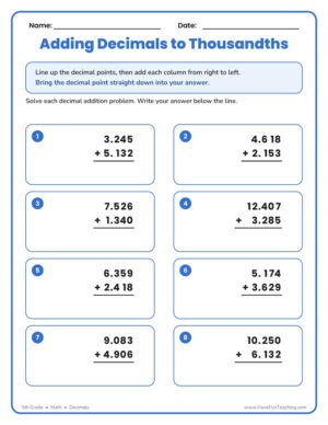 Adding thousandths decimal worksheet with eight vertical column decimal addition problems for 5th grade
